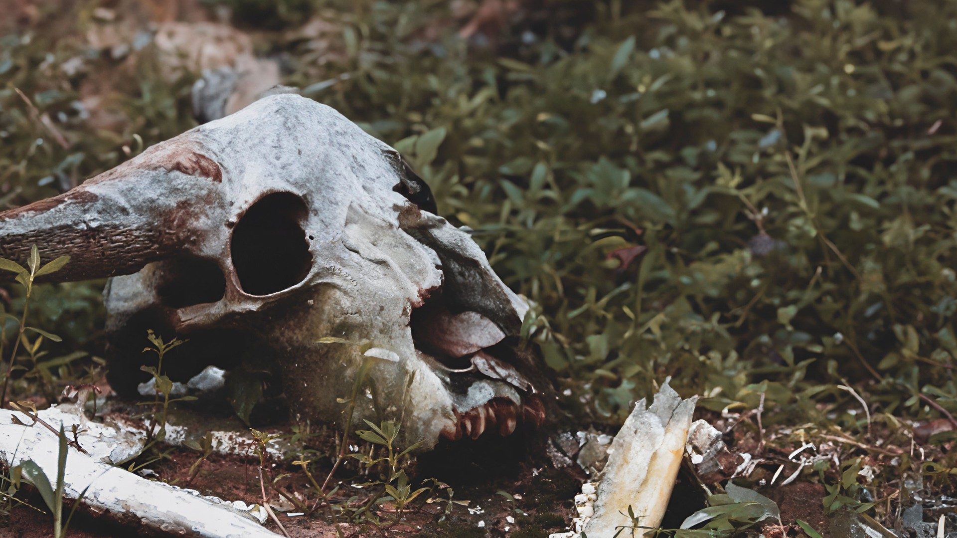 Animal skulls in the forest among dry leaves